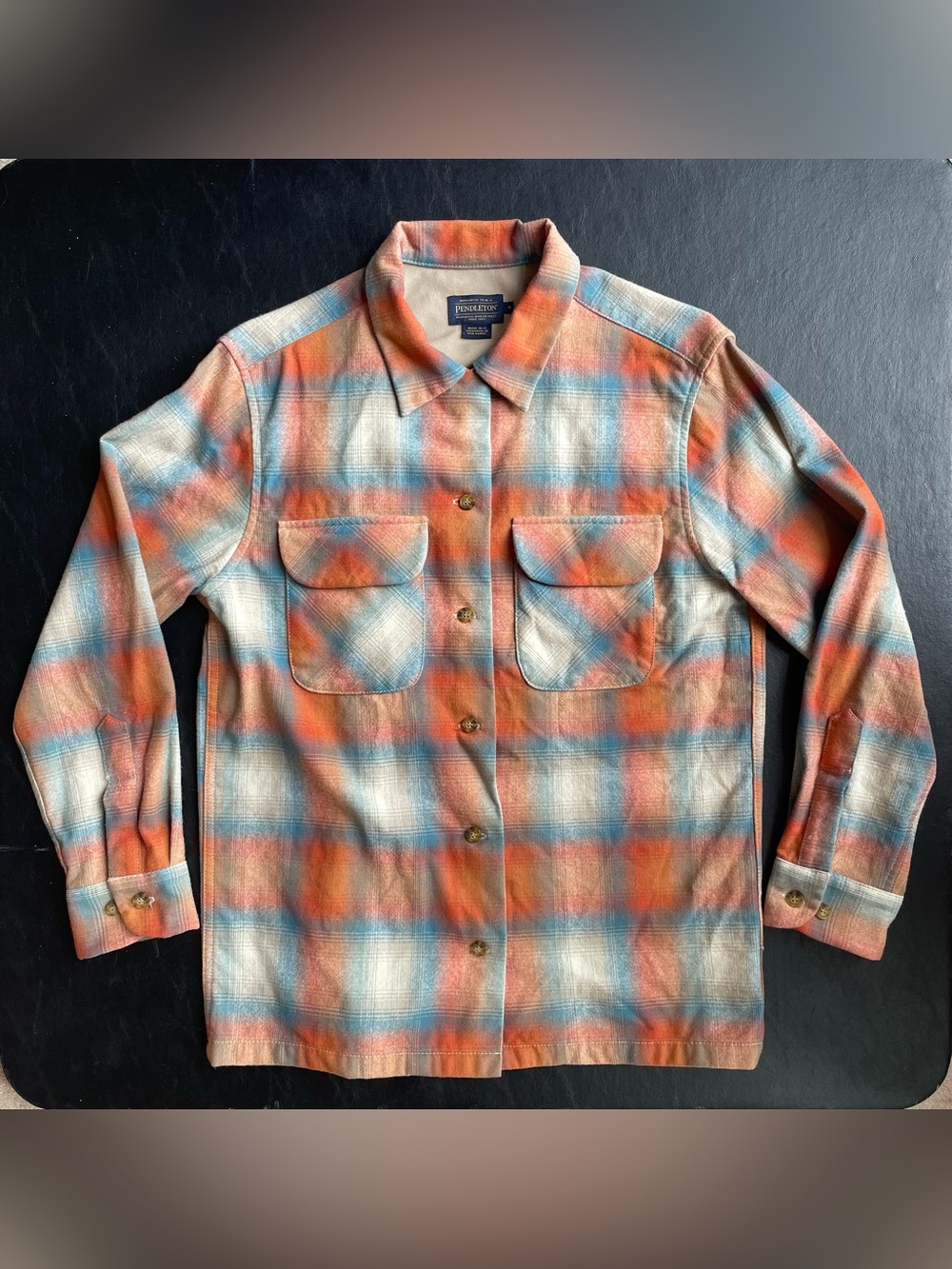 Pendleton Wool Board Shirt, Orange, Blue & Cream Plaid Button Up
